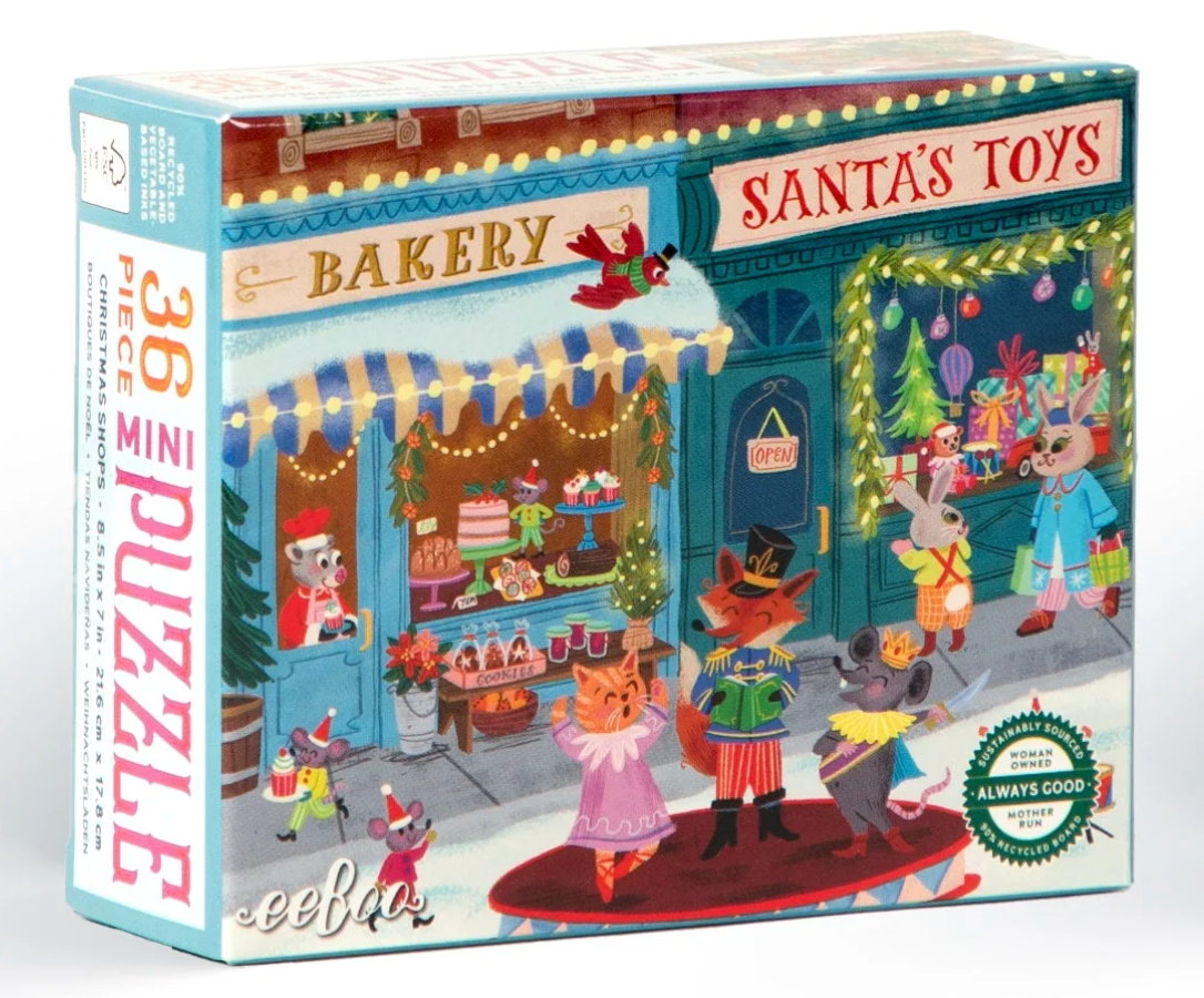 36pc Christmas Village Mini Puzzle box featuring a festive bakery and Santa toy shop scene