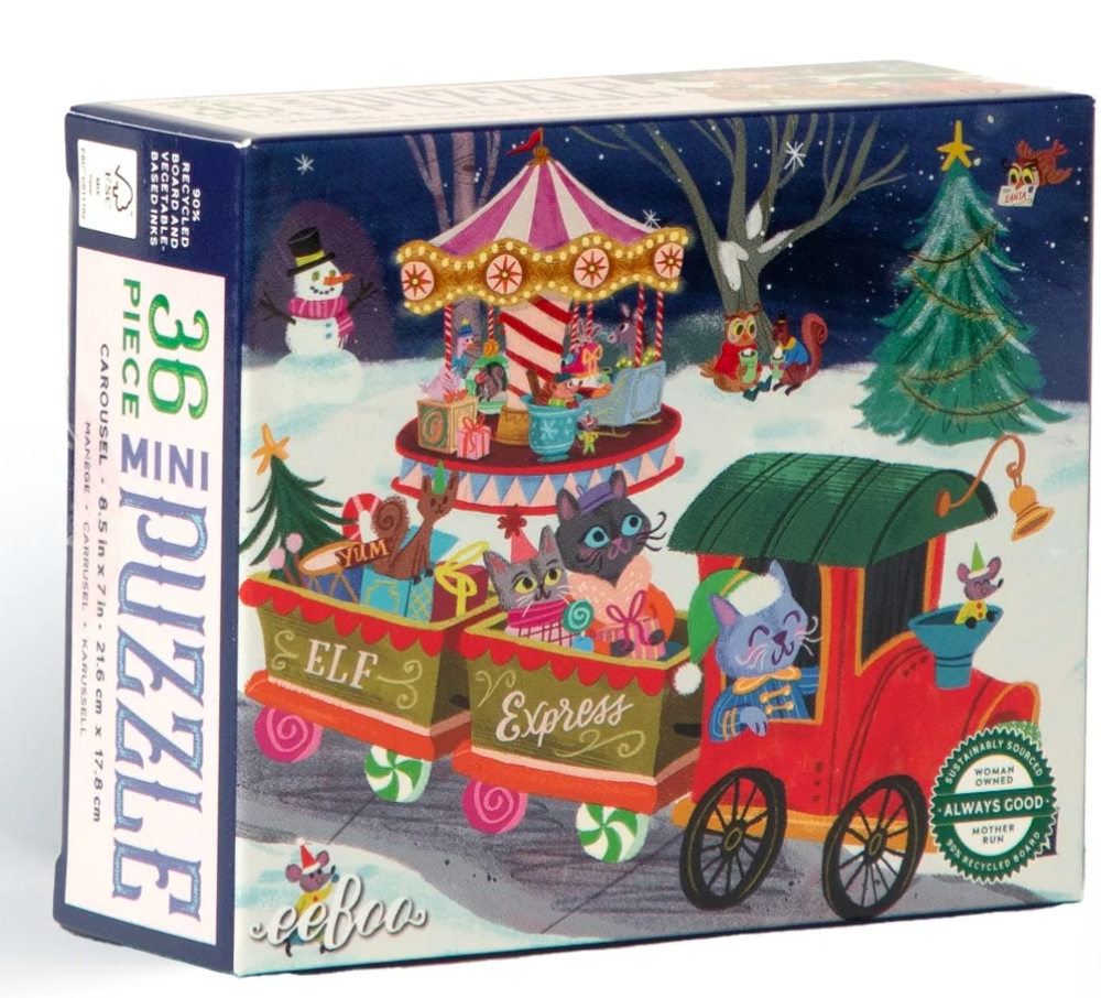 36pc Christmas Village Mini Puzzle box featuring a festive Christmas train and village scene with playful animals
