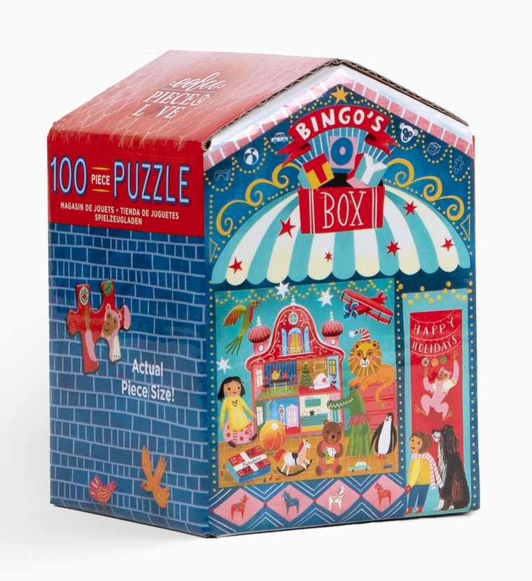 100pc Christmas Market Puzzle box featuring colorful holiday market and bingo themed artwork