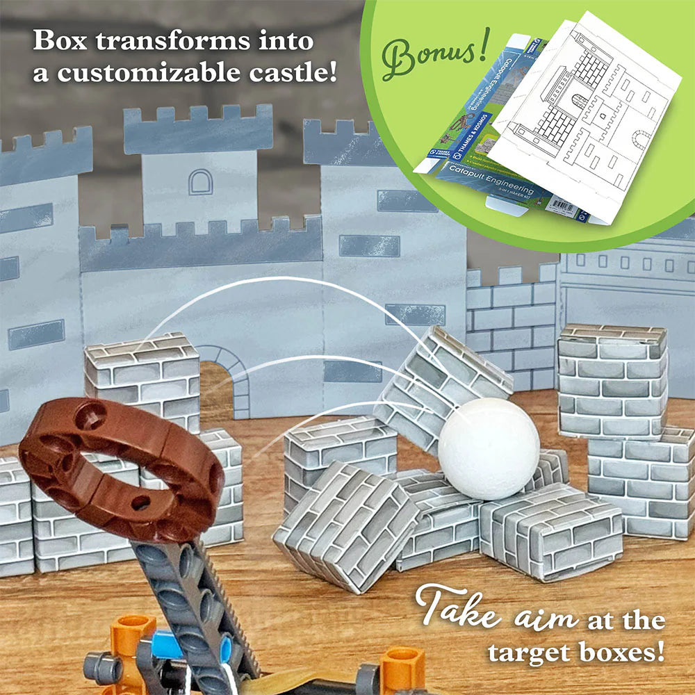Catapult Engineering shows a foam ball launched at cardboard castle blocks made from the customizable box.