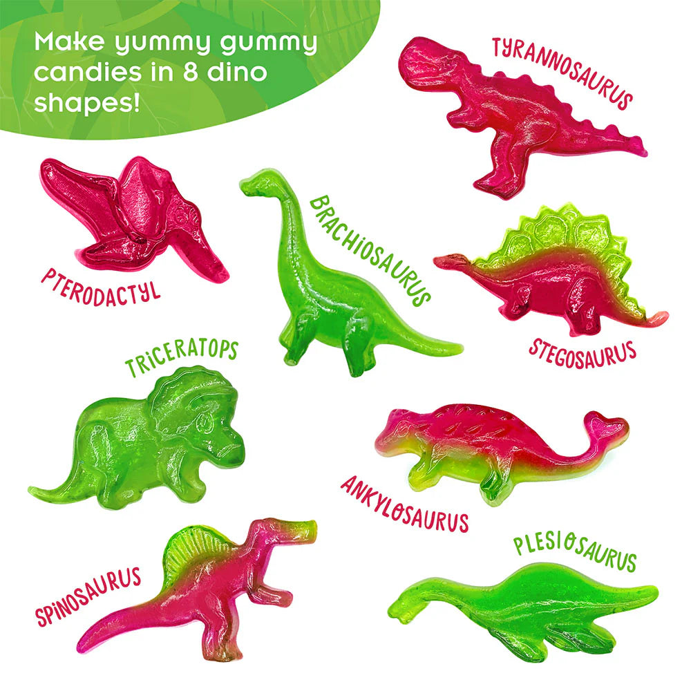 Dinosaur Gummy Candy Lab showing colorful gummy candies in eight dinosaur shapes including T-Rex and Stegosaurus.