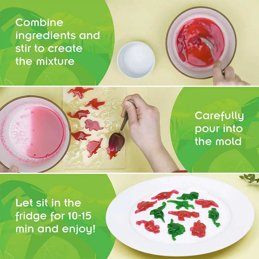 Dinosaur Gummy Candy Lab showing mixing, pouring red gelatin into dinosaur molds, and finished gummies on a plate.