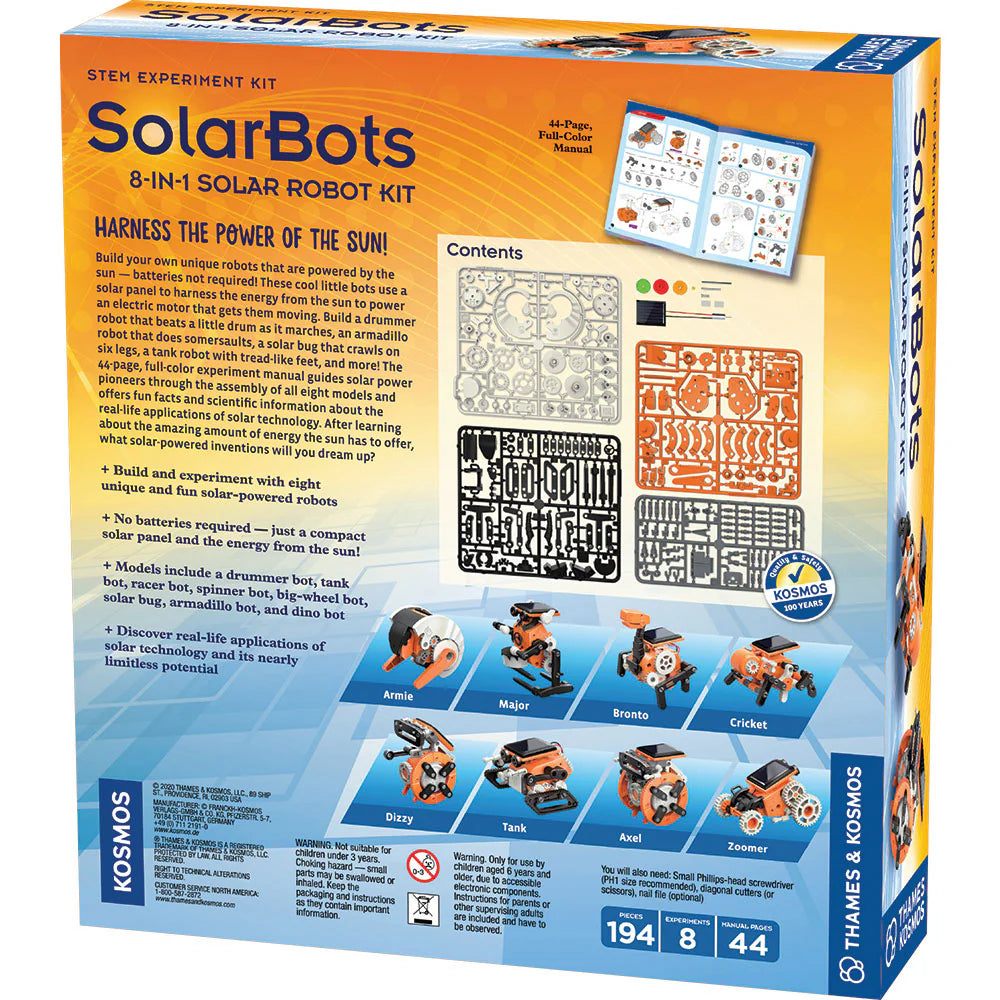 SolarBots 8-in-1 Solar Robot Kit box showing models, parts, and colorful instruction manual for building solar-powered robots.