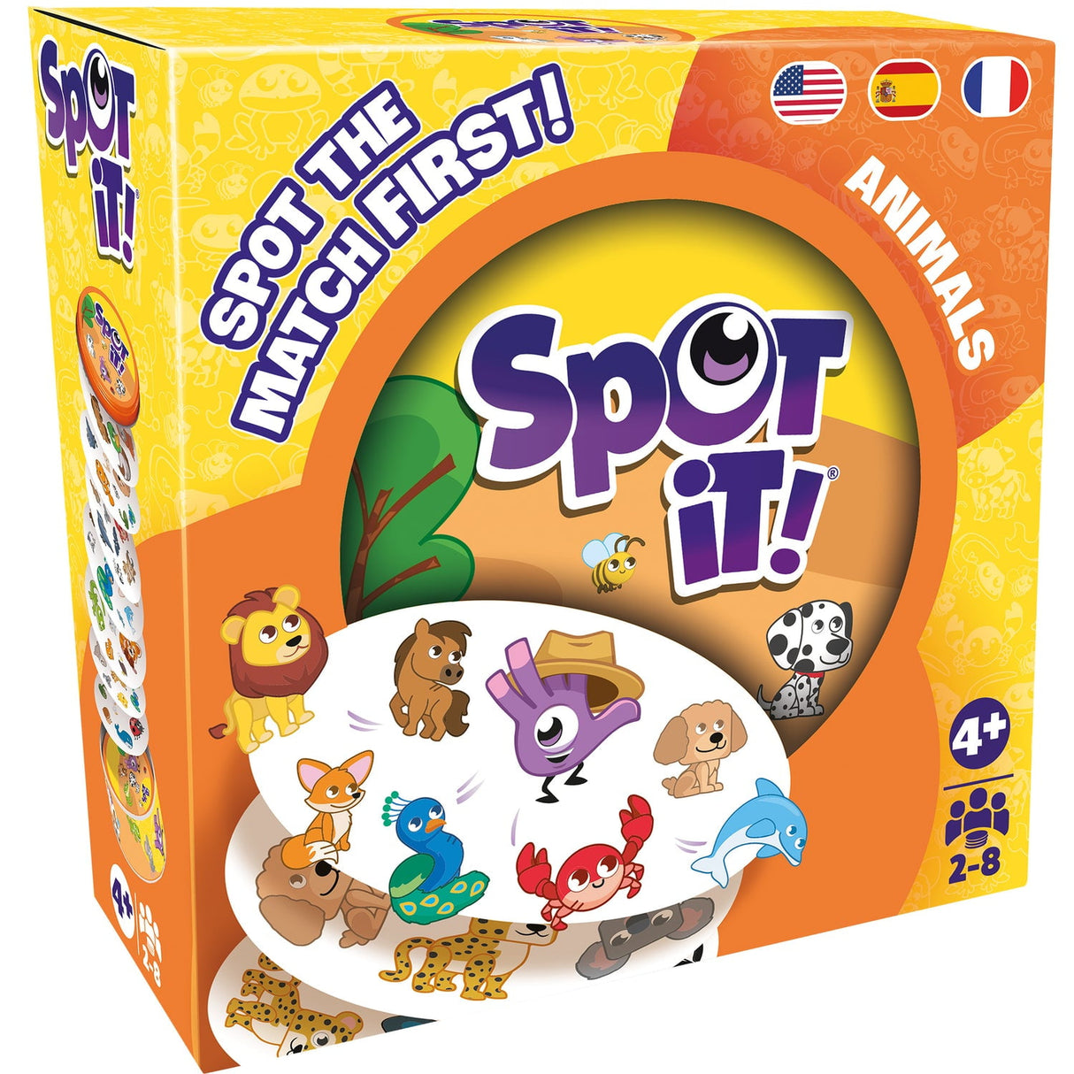 Spot it Jr Animals game box showing colorful animal cards designed for children ages 4 and up with fun matching play