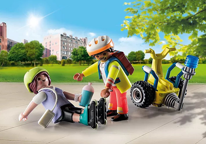 City Life | Rescue with Segway shows a paramedic helping an injured inline skater in the park with balance racer.