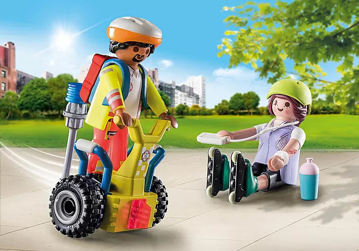 City Life | Rescue with Segway shows a paramedic on a balance racer aiding an injured inline skater in the park.