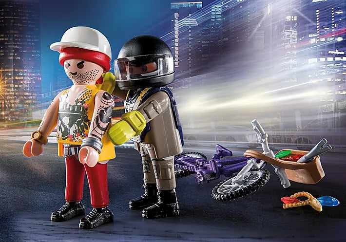 City Action | Tactical Unit and Thief showing policeman arresting thief with motorbike, jewels, and accessories at night cityscape.