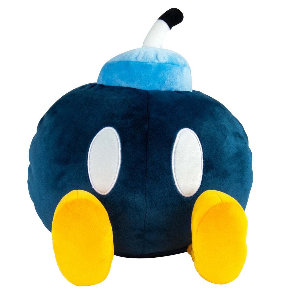 Super Mario Bob-Omb plush with soft texture, bright yellow feet, and light blue fuse, perfect for kids and fans.