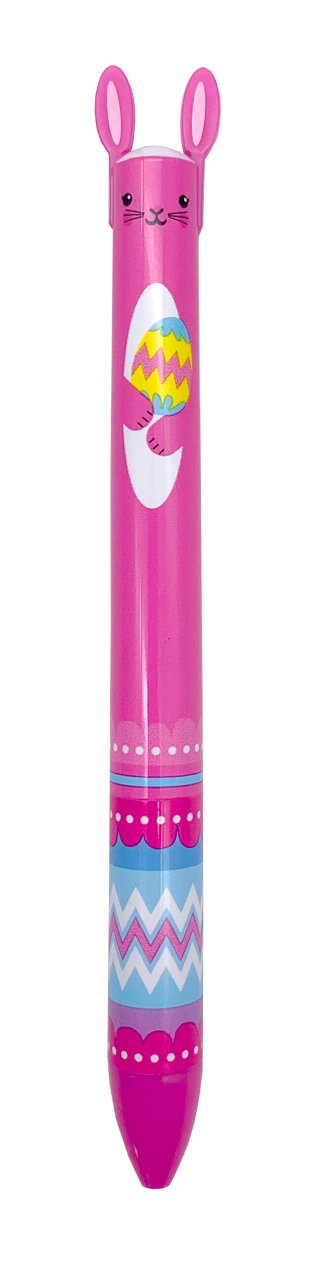 Twice as Nice 2 Color Click Pen Easter Bun with pink bunny design holding decorated Easter egg and colorful patterns.
