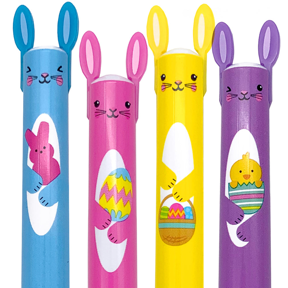 Twice as Nice 2 Color Click Pen | Easter Bun in blue, pink, yellow, and purple with bunny ears and Easter designs.