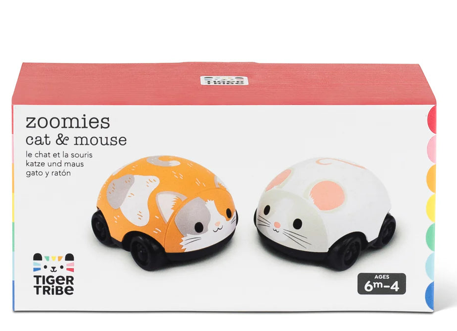 Cat & Mouse Pullbacks toys in orange and white, compact size for toddlers to push and pull and zoom across the floor.