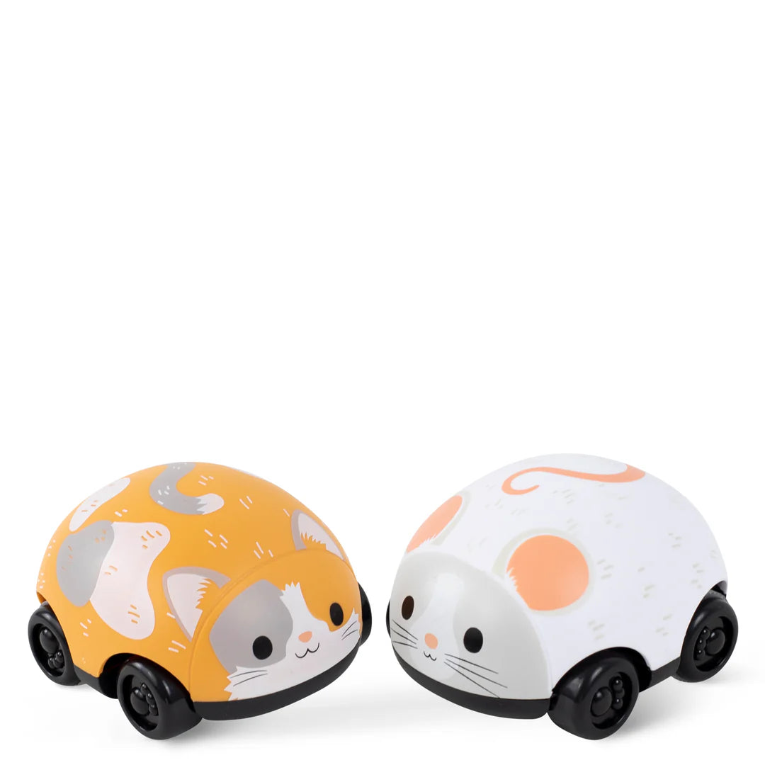 Cat & Mouse Pullbacks toys shaped like a cat and mouse on wheels for toddlers to push and pull and zoom.