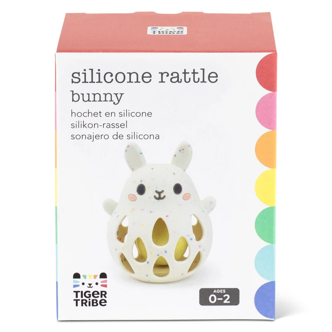 Silicone Rattle Bunny baby toy made of soft, safe silicone with gentle rattle sound, ideal for ages 0-2.