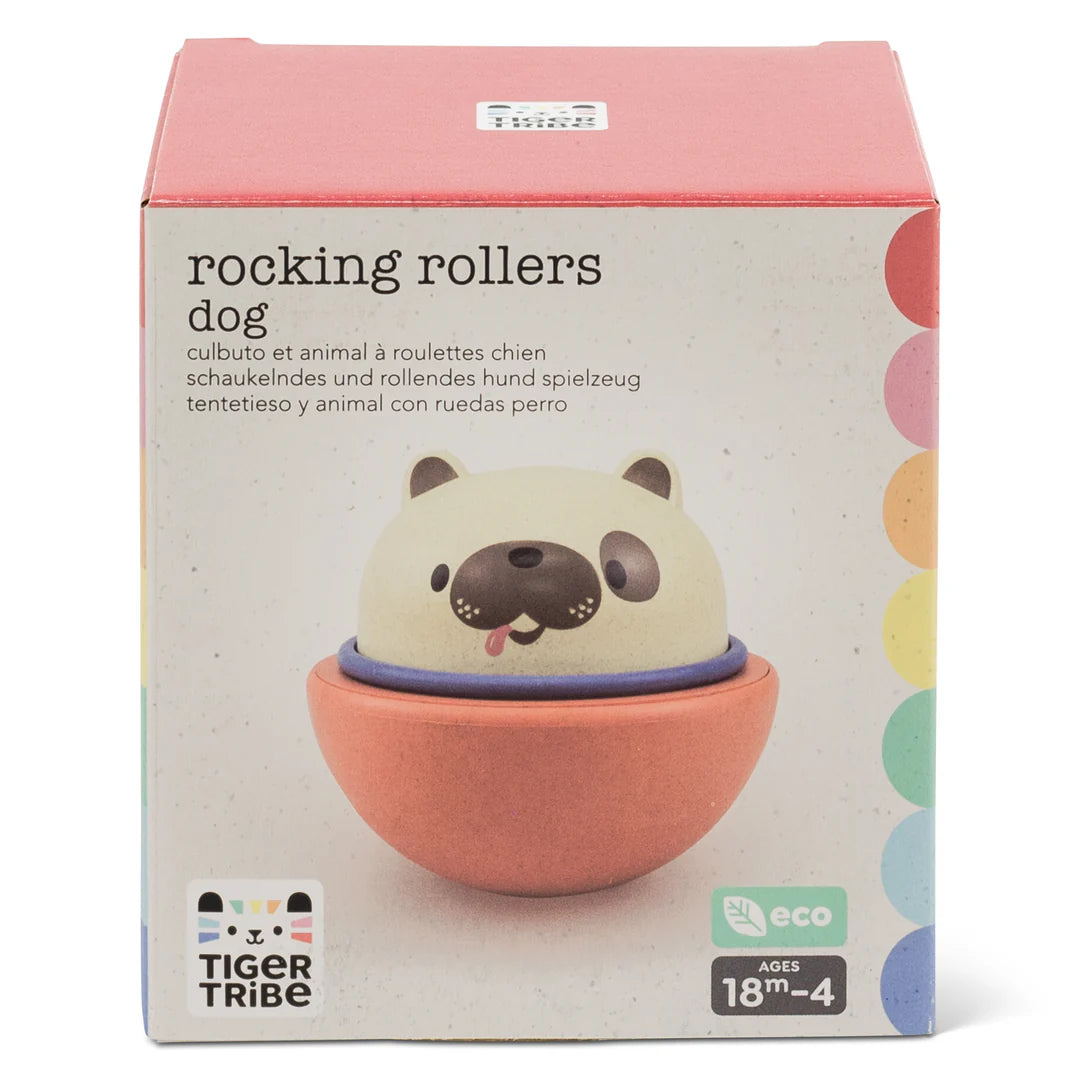 Rocking Rollers Dog toy in eco-friendly bioplastic, rocks and rolls for toddlers ages 18 months to 4 years.
