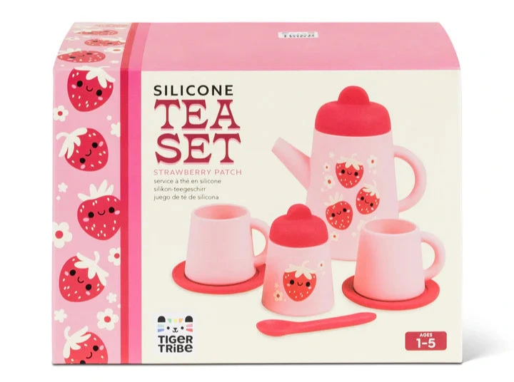 Strawberry Patch Silicone Tea Set with teapot, cups, saucers, sugar bowl, and spoon in kid-friendly pink silicone design.