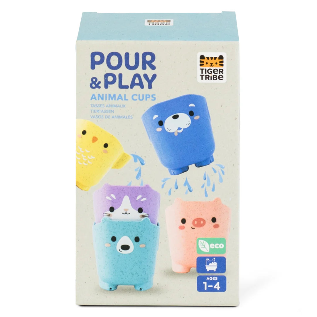 Box of five colorful animal-themed bath cups with different water pour patterns for toddlers ages 1 to 4
