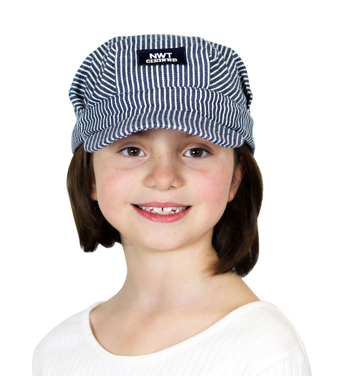 Young child wearing a striped Train Engineer Cap with a comfortable fit, perfect for imaginative play and costumes.