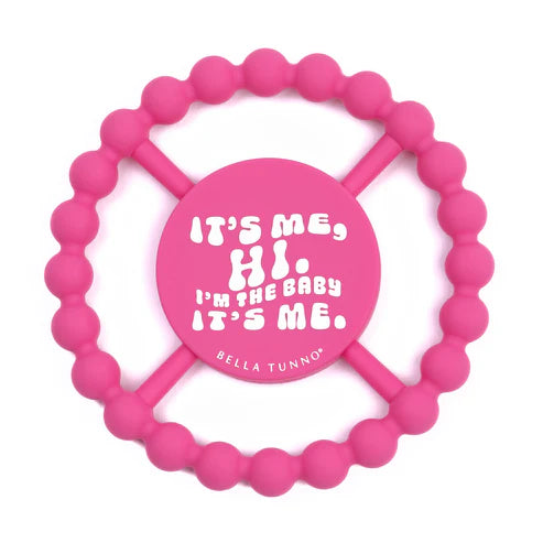 Pink silicone teether with beaded texture and "It's Me Hi" text for soothing baby gums, Teether | It's Me Hi.