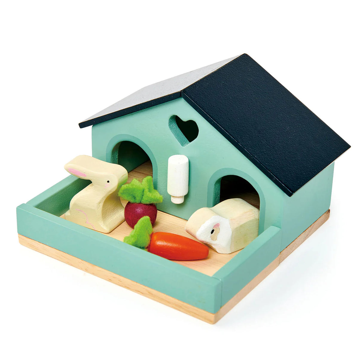 Pet Rabbit Set wooden hutch with rabbit, guinea pig, water bottle, carrot, and turnip for imaginative play.