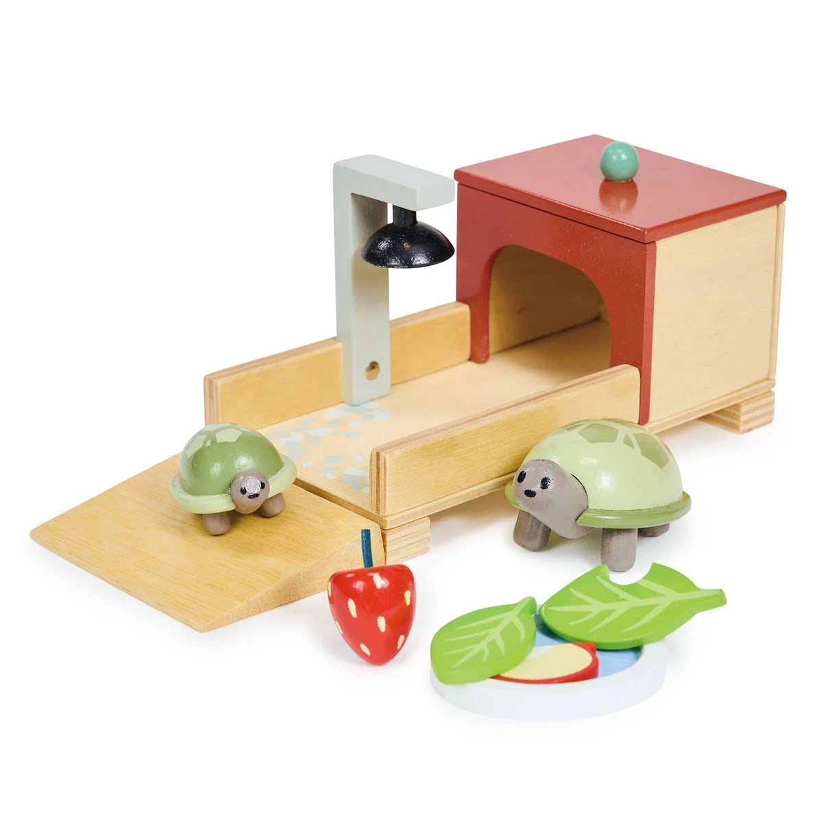 Tortoise Pet Set with wooden parent and baby tortoise, cozy home, heater lamp, water bowl, and play food props.