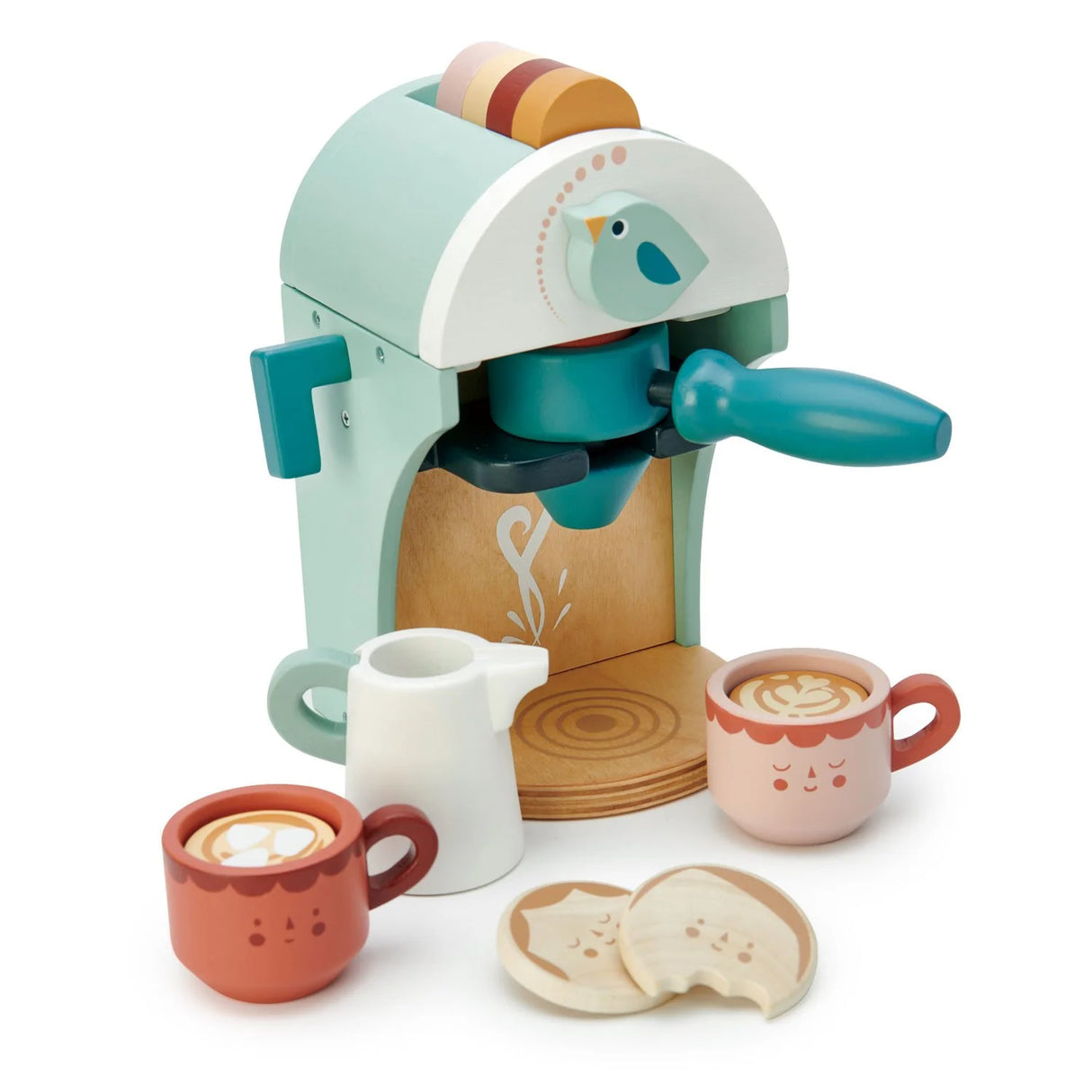 Babyccino Maker toy set with two coffee cups, milk jug, biscuits, and a bird-themed espresso machine in soft colors.