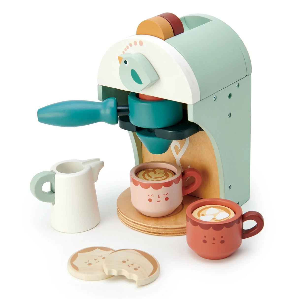 Babyccino Maker toy set with pastel colors, bird dial, coffee cups, milk jug, and biscuits for kids aged 3 and up.