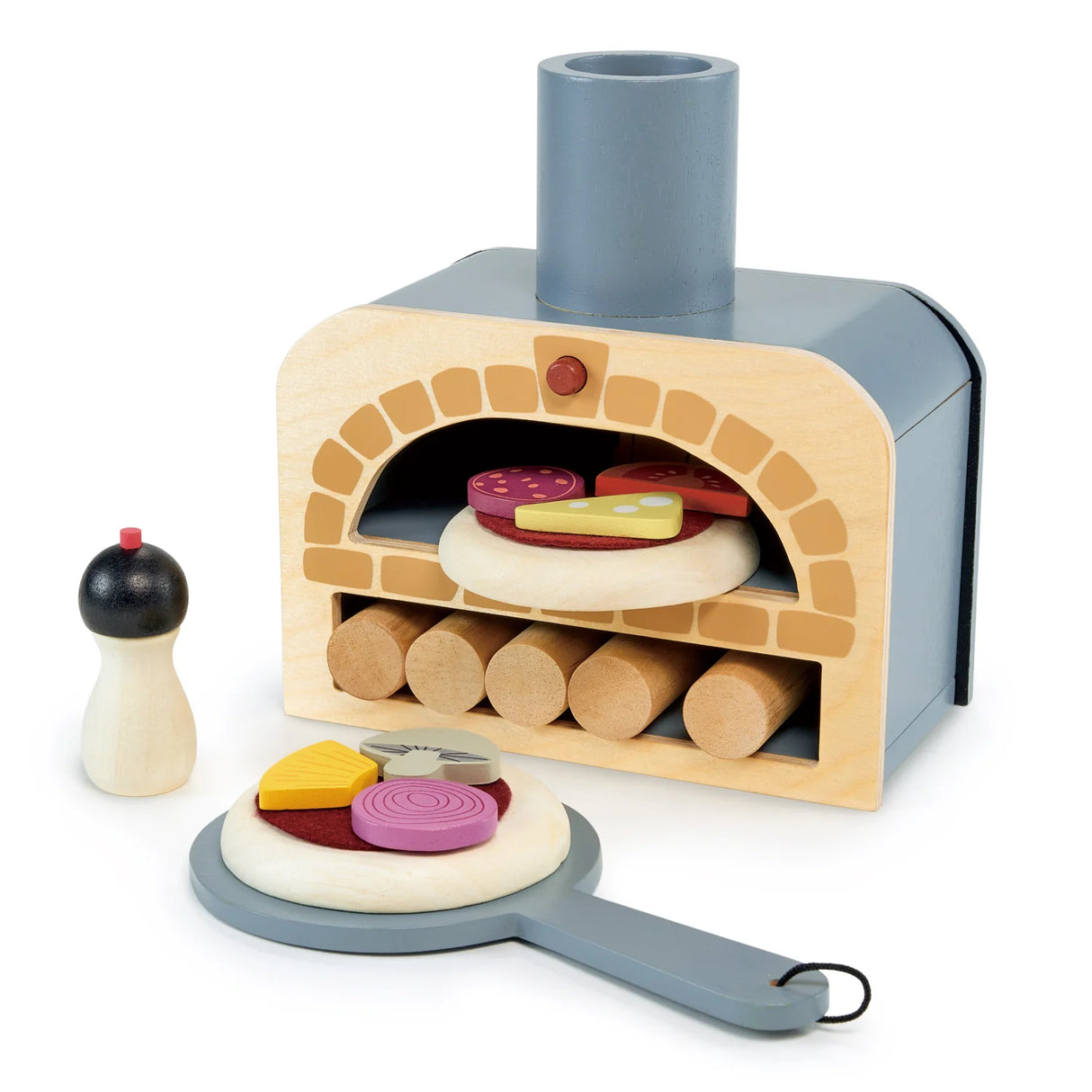 Make Me a Pizza! wooden toy pizza oven with felt pizza, toppings, slider, and pepper pot for pretend play.