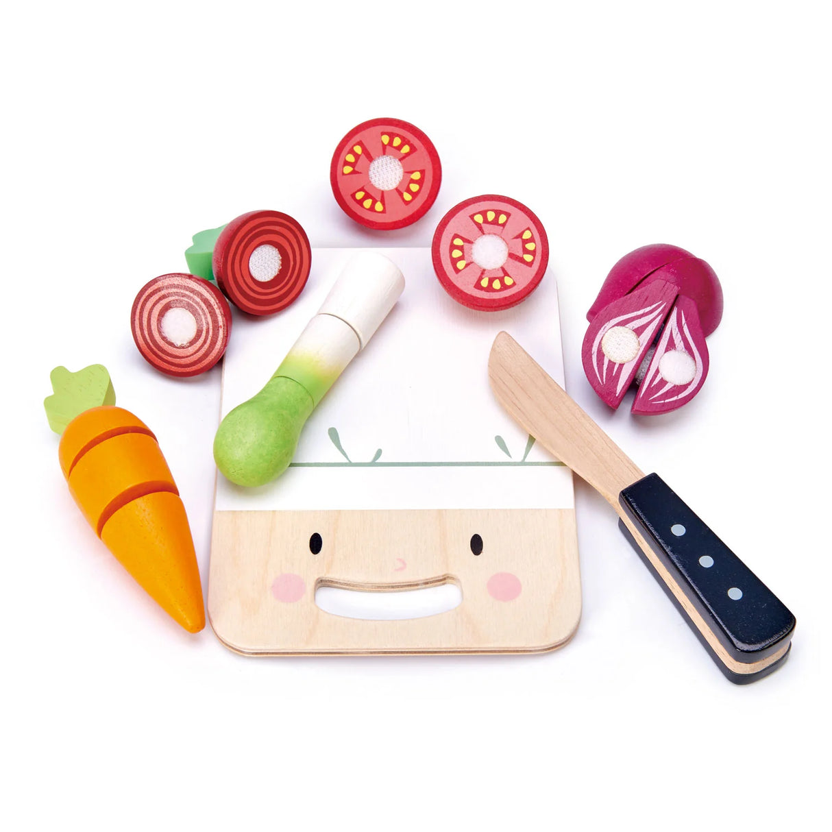 Mini Chef Chopping Board with wooden knife and colorful vegetable pieces for imaginative play.