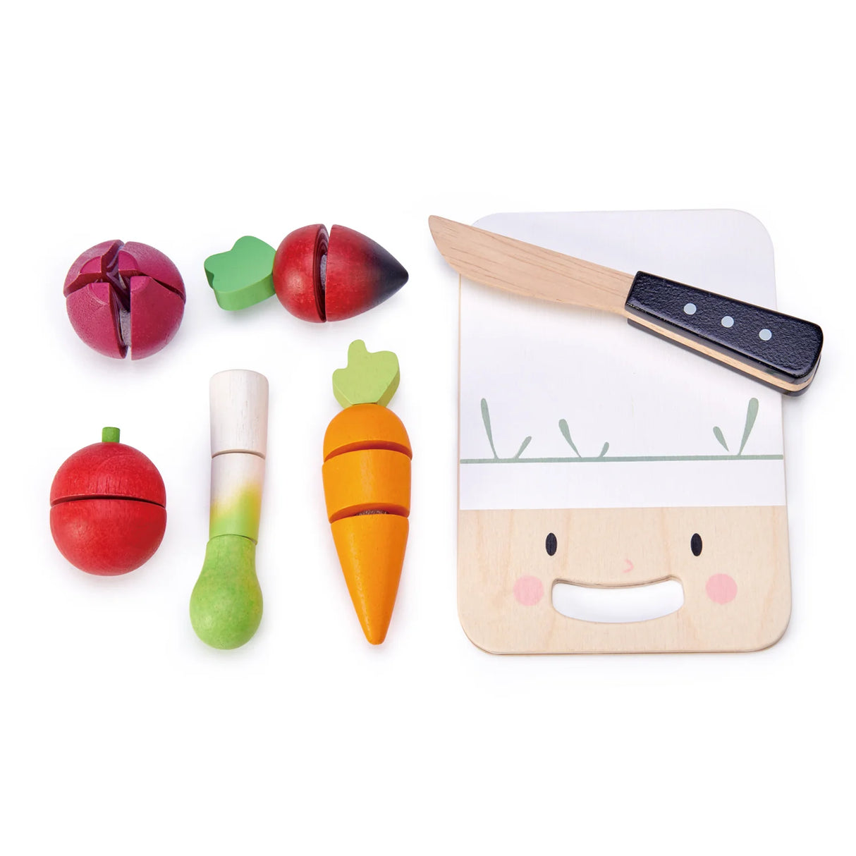 Mini Chef Chopping Board with wooden knife and colorful wooden vegetables for imaginative play and chopping fun.