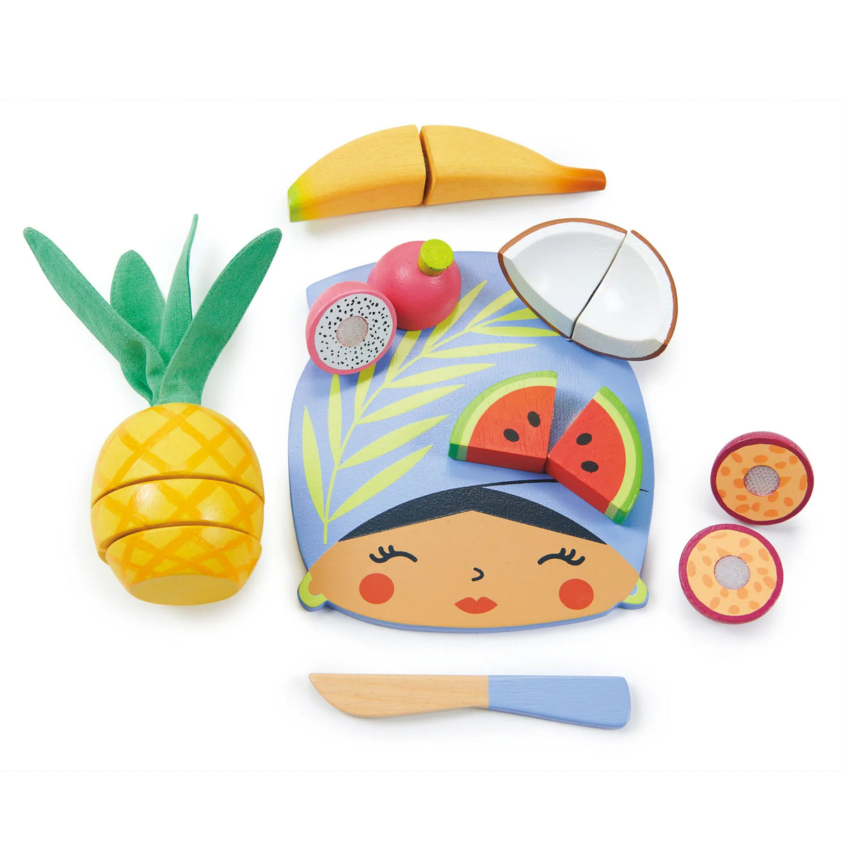 Tropical Fruit Chopping Board with wooden pineapple, banana, watermelon, coconut, passionfruit, dragon fruit, and blue knife.