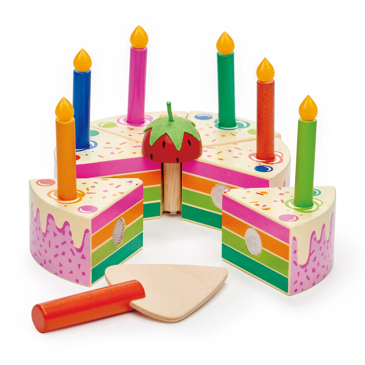 Rainbow Birthday Cake wooden toy with six colorful candles and velcro slices for kids 3 years and older.