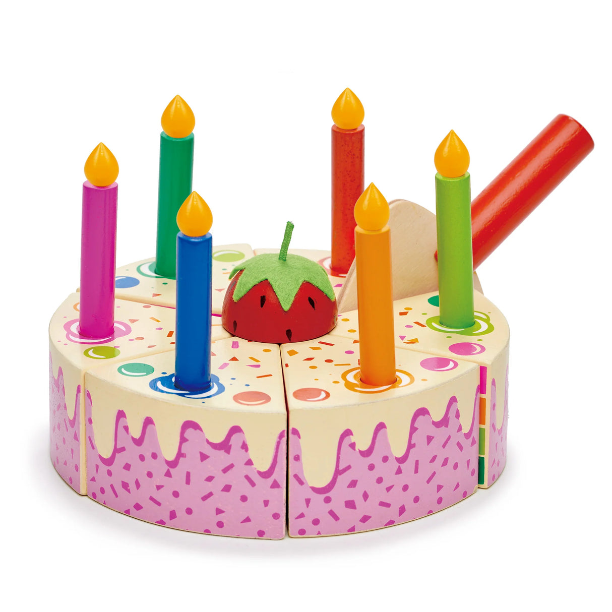 Rainbow Birthday Cake wooden toy with six colorful candles and removable cake slices for interactive play.