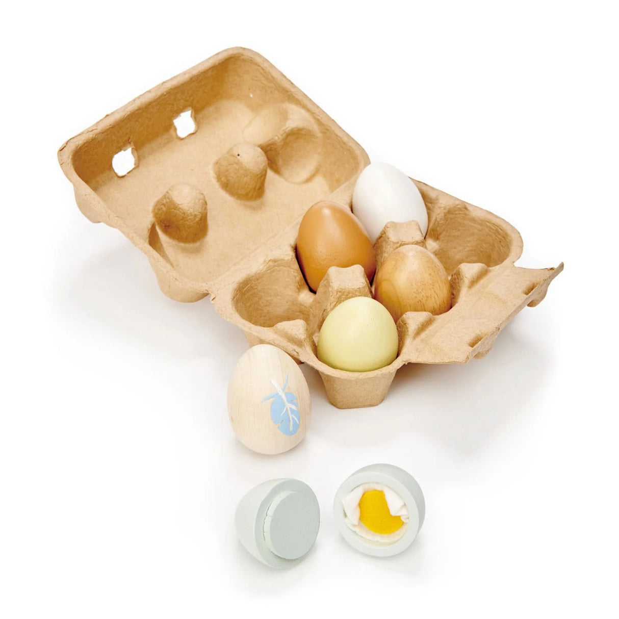 Wooden Eggs set of 6 solid wood eggs in a carton with one painted egg and a cracked egg toy shown.