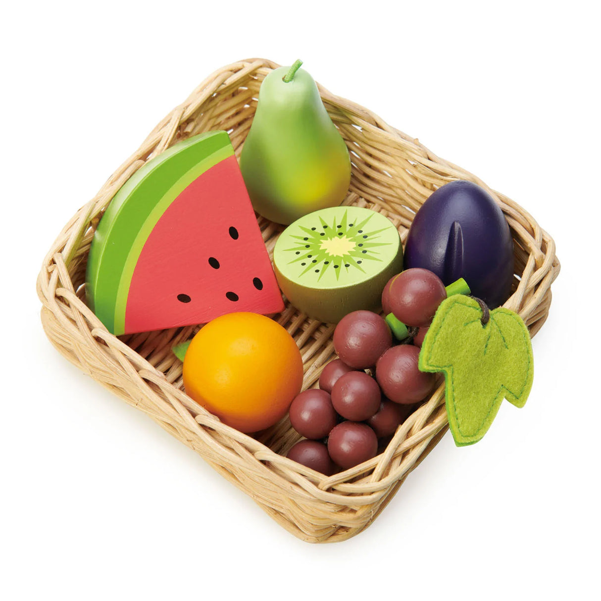 Fruity Basket handcrafted wicker basket with wooden grapes, kiwi, watermelon, pear, plum, and tangerine fruits for kids.