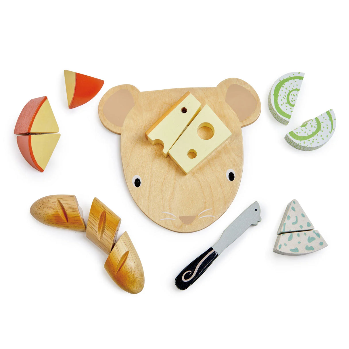 Wooden Cheese Chopping Board set with mouse-shaped board, cheese pieces, baguette, and cheese knife for pretend play.