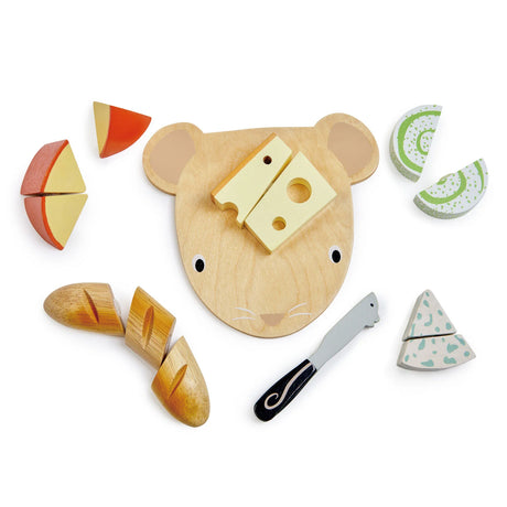 Wooden Cheese Chopping Board set with mouse-shaped board, cheese pieces, baguette, and cheese knife for pretend play.