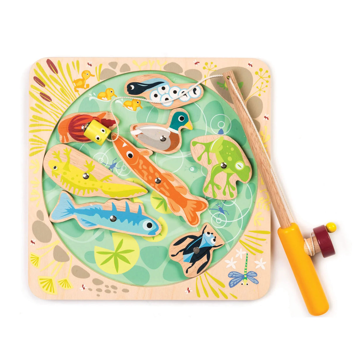 Pond Dipping wooden set with colorful magnetized pond animals and extendable fishing rod for children’s play and learning.