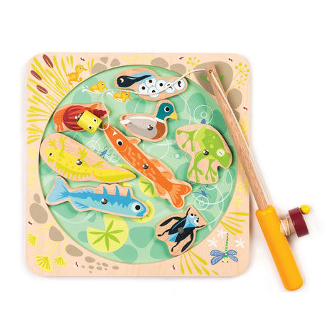 Pond Dipping wooden set with colorful magnetized pond animals and extendable fishing rod for children’s play and learning.