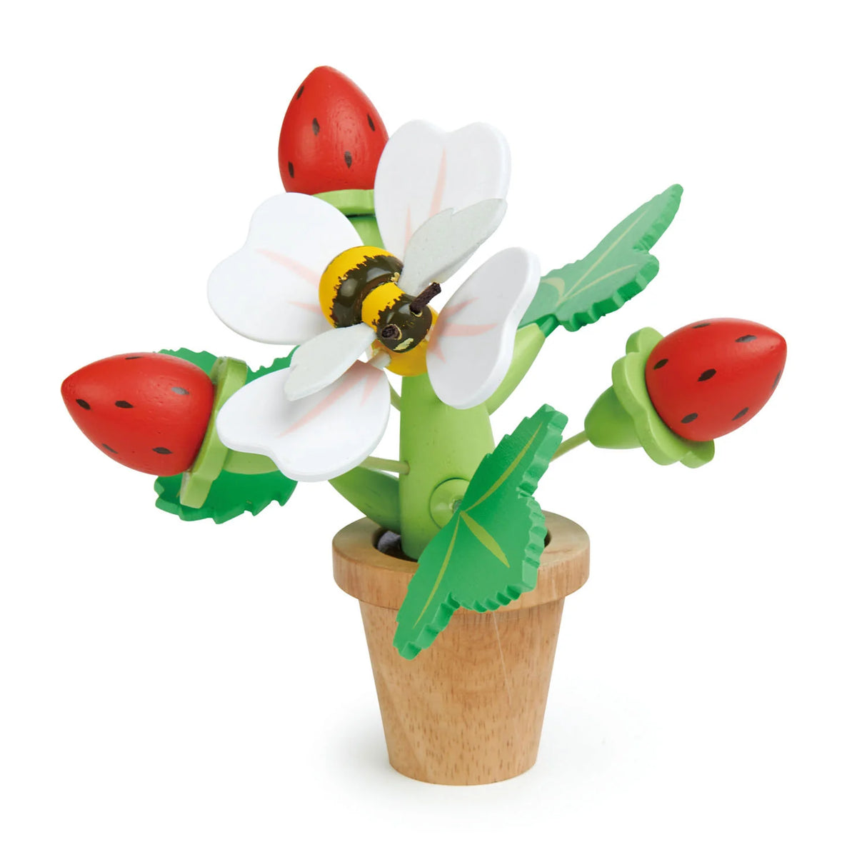Strawberry Flower Pot wooden toy with removable leaves, strawberries, and a magnetic bumblebee for imaginative play.