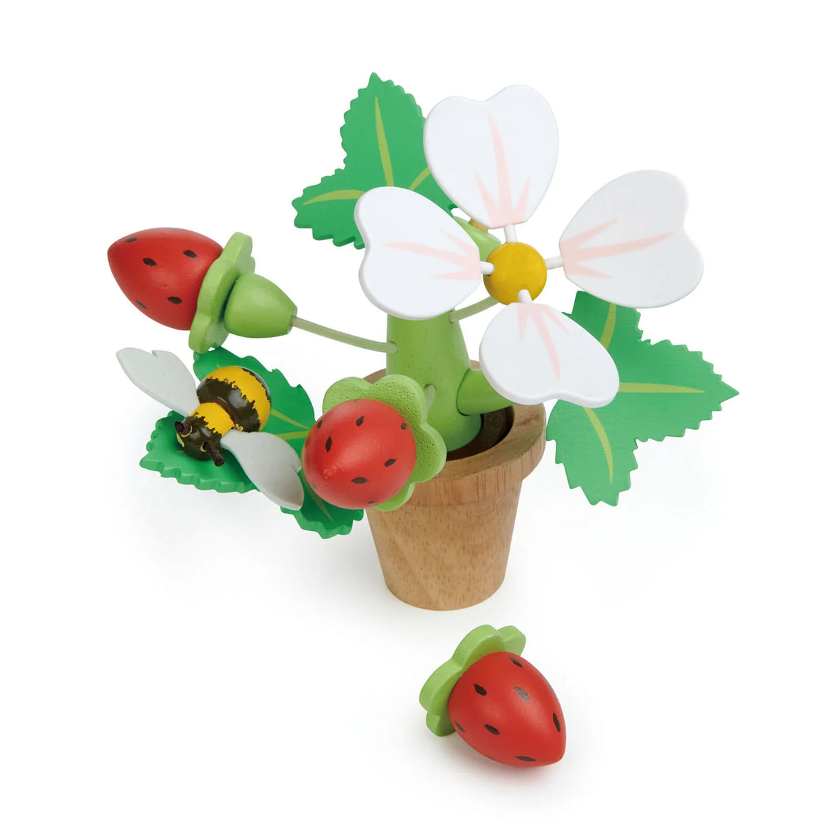 Strawberry Flower Pot wooden toy with removable strawberries, leaves, white flower, and magnetic bumblebee for pretend play.
