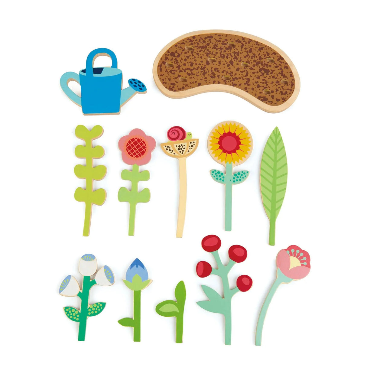 Flower Bed wooden toy with 10 plywood plants and a watering can to grow seedlings in the wooden base.