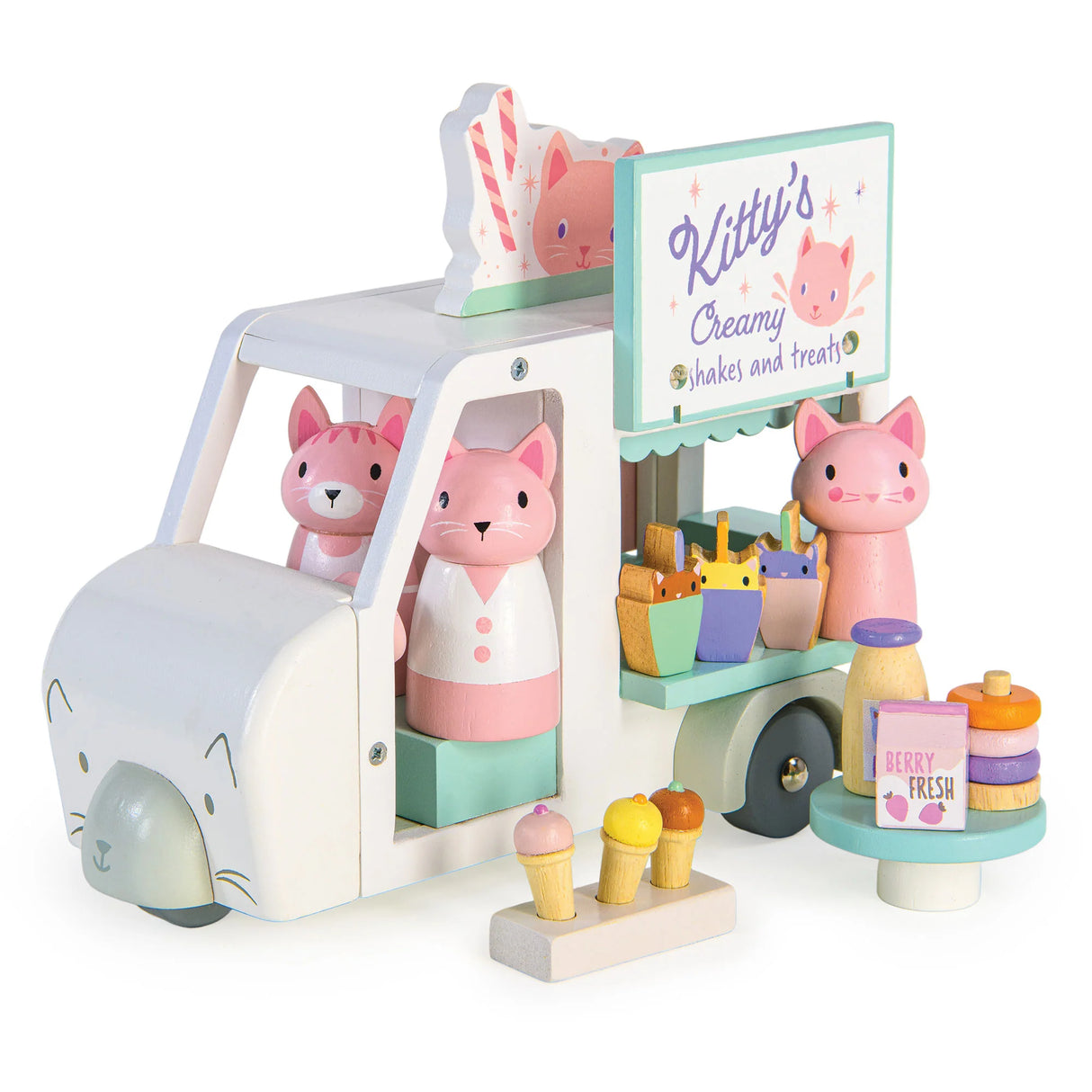 Kitty's Milkshake Van white 3 wheeler with cat family serving milkshakes, doughnuts, and ice creams playset for kids.