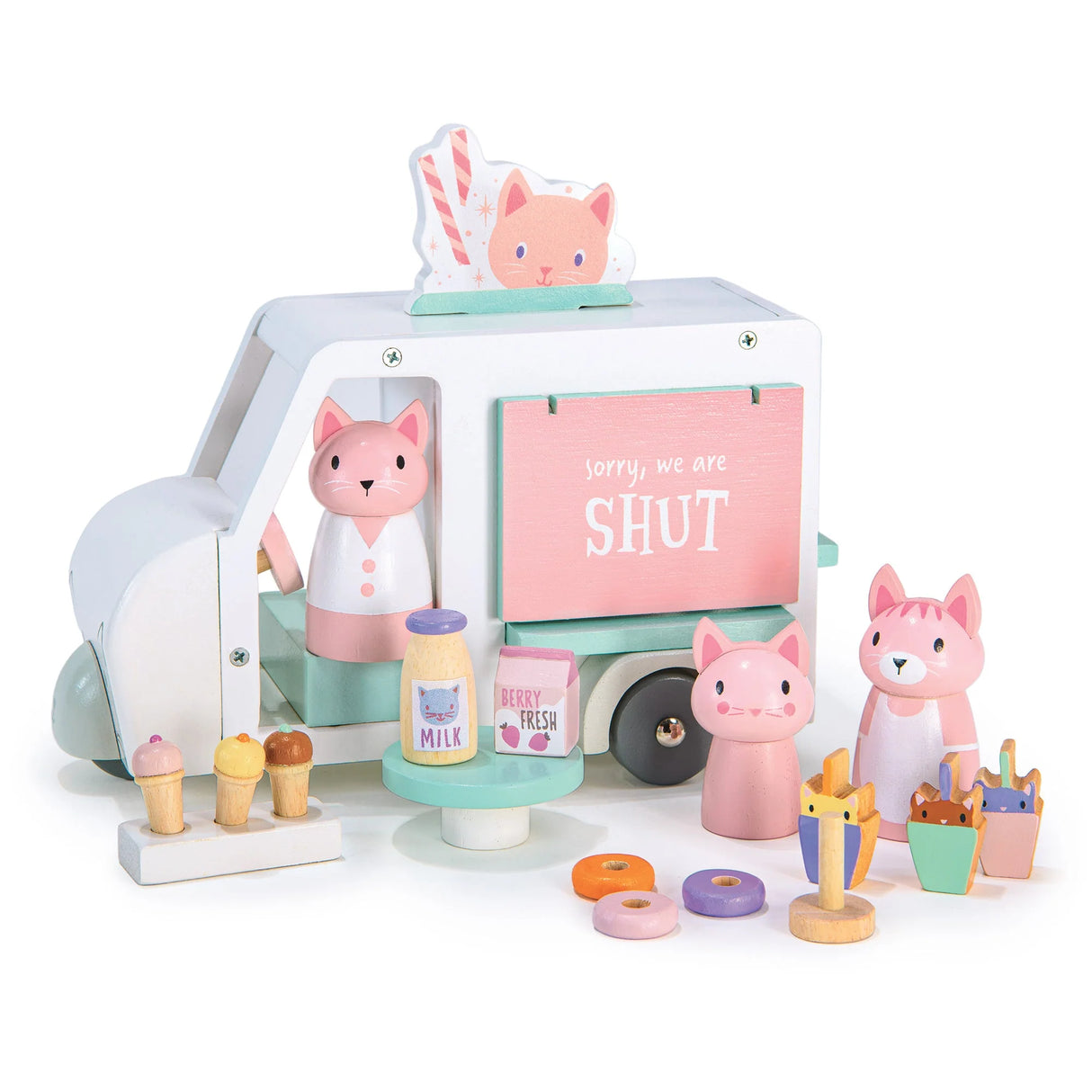 Kitty's Milkshake Van toy with pink cat figures, ice cream cones, doughnuts, and a fold-up backdrop showing "Sorry, we are shut" sign.