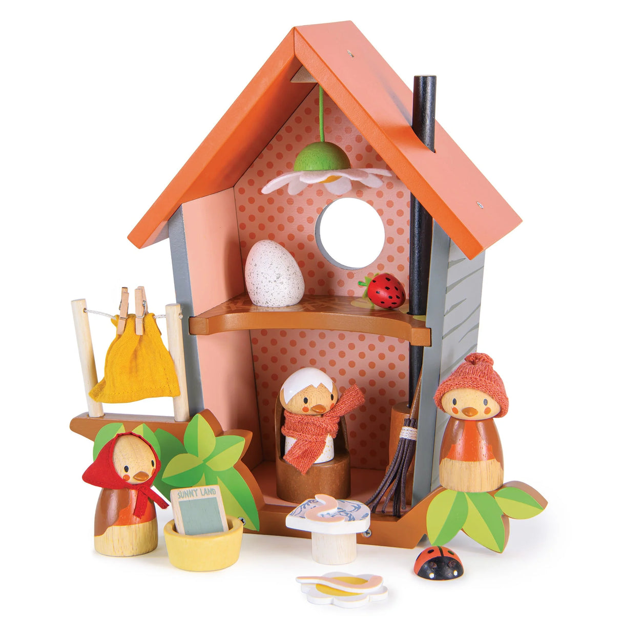 Robin's Nest Box with wooden bird family, egg, ladybug, and fold-out backdrop for imaginative play.