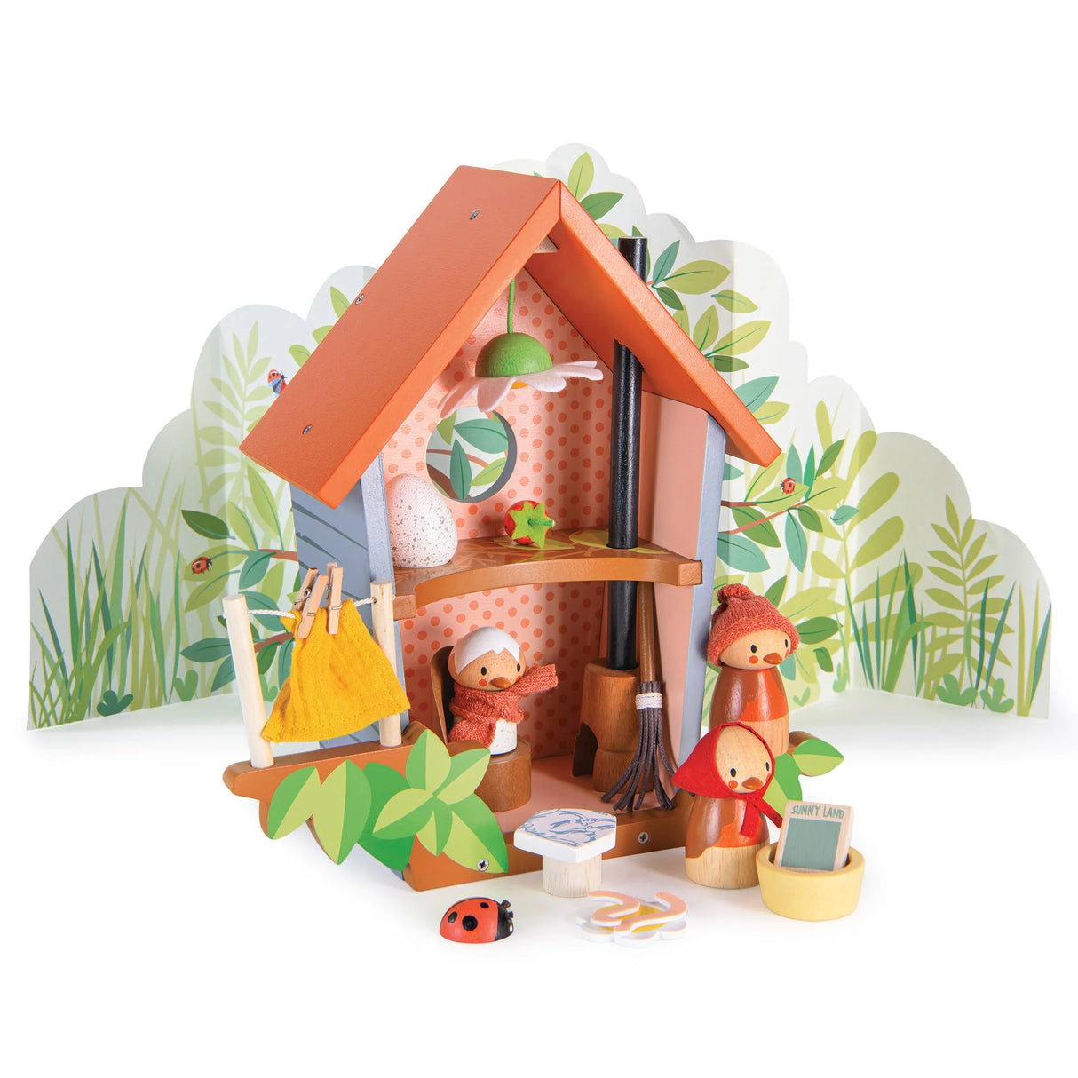 Robin's Nest Box with mother Ruby, baby Rosy, fold-out backdrop, and detailed miniature birdhouse scene for storytelling.