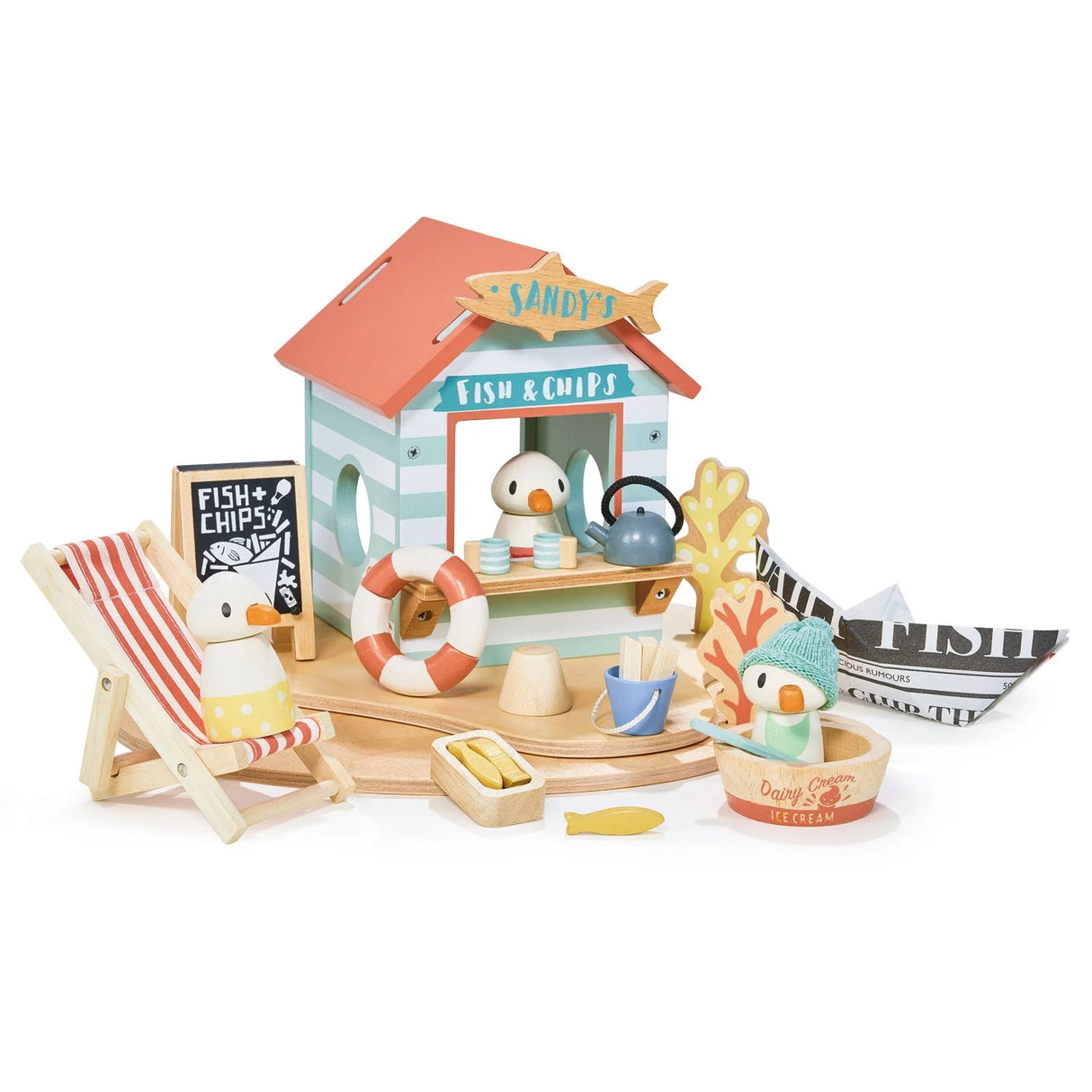 Sandy's Beach Hut wooden toy seagulls with fish and chips stall, deck chair, boat, and ice cream for imaginative play.