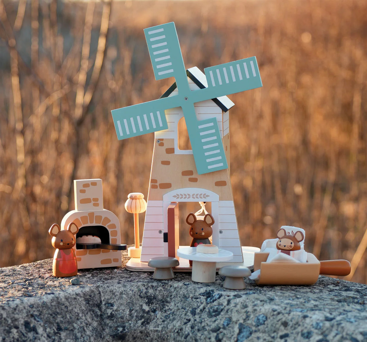 Penny Windmill wooden toy with mice, windmill, oven, table, stools, and bread for imaginative play.