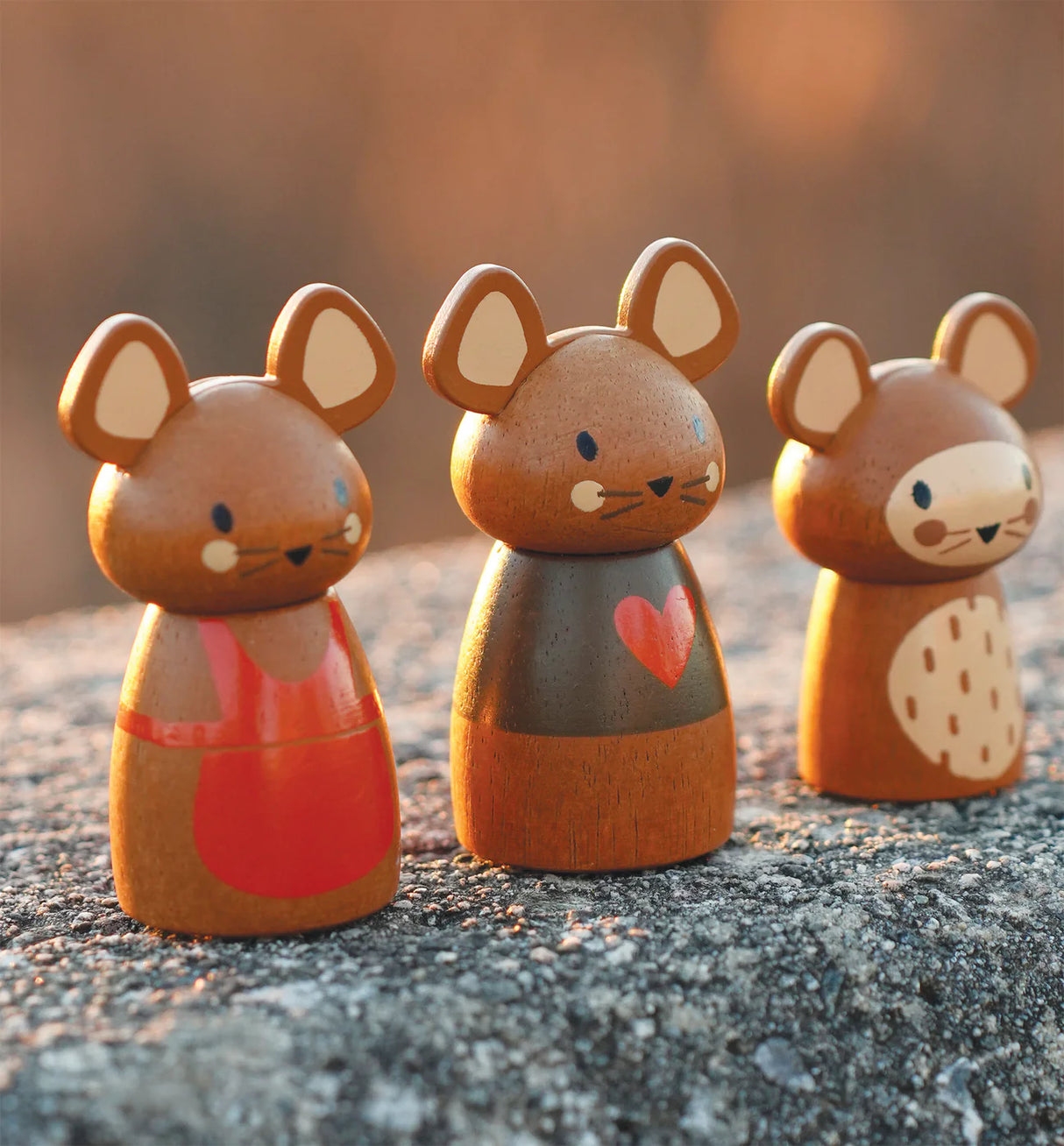 Three wooden toy mice from the Penny Windmill set, perfect for imaginative children's play.