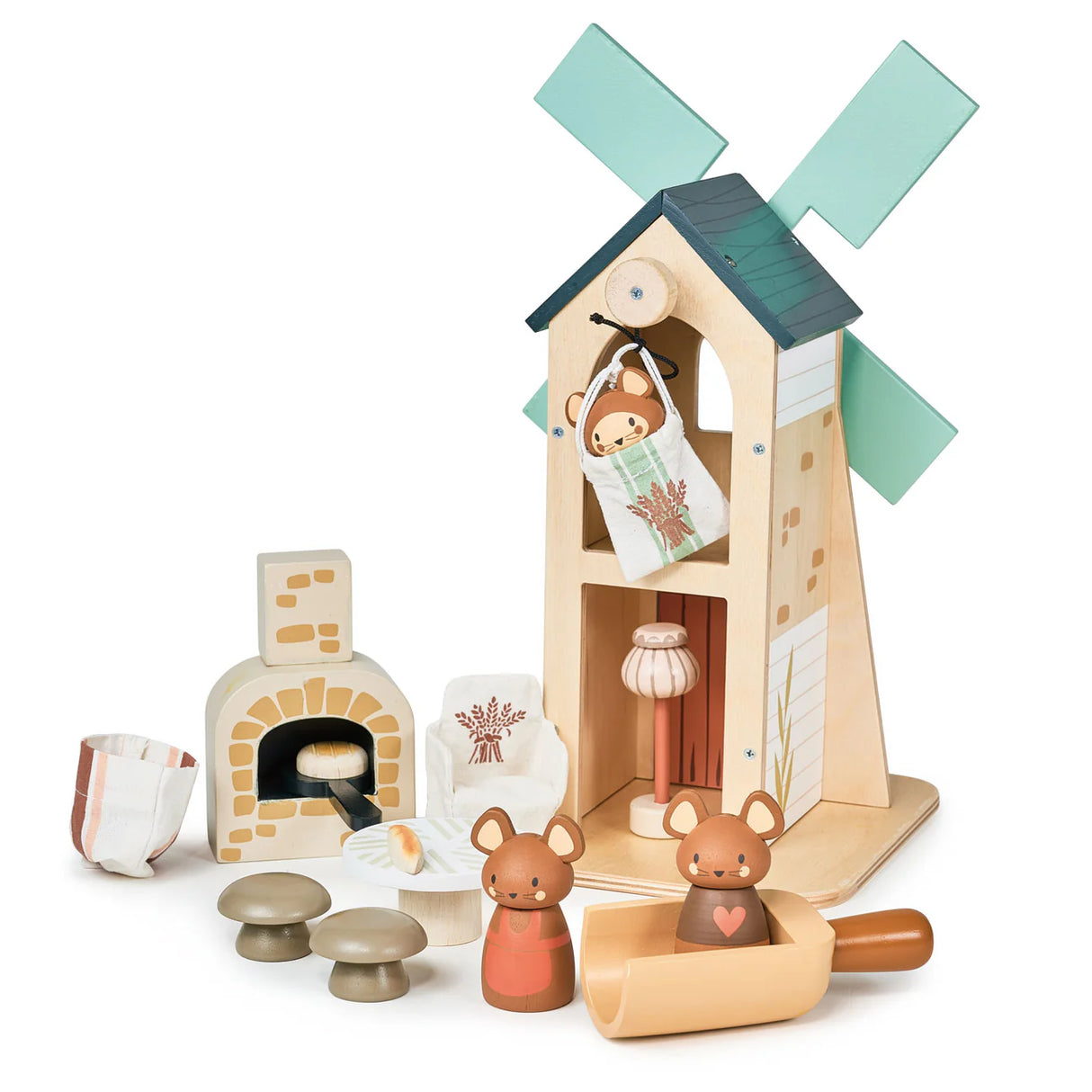 Penny Windmill wooden toy with two mice, revolving windmill, oven, bread, and cozy accessories for imaginative play.