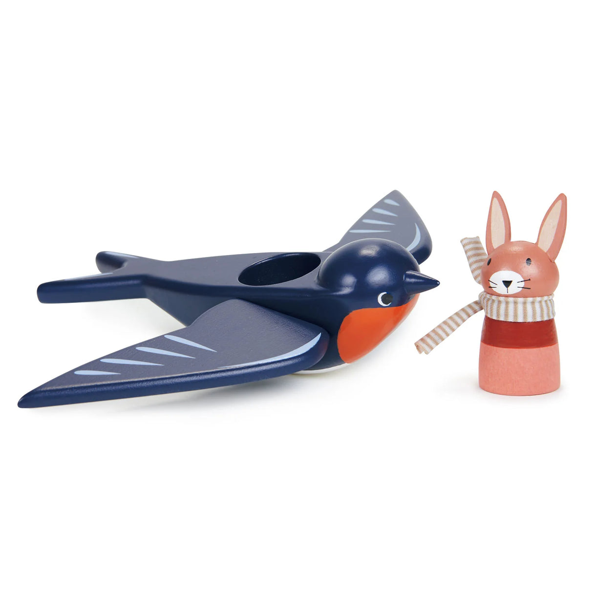Swifty Bird wooden swallow with removable Hare pilot Spud wearing fabric scarf for imaginative play.